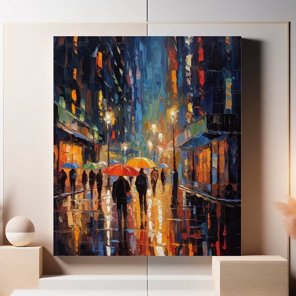 City Painting Abstract Night City Canvas Rainy City Scene Poster Urban City Lights Decor Nocturnal City Life