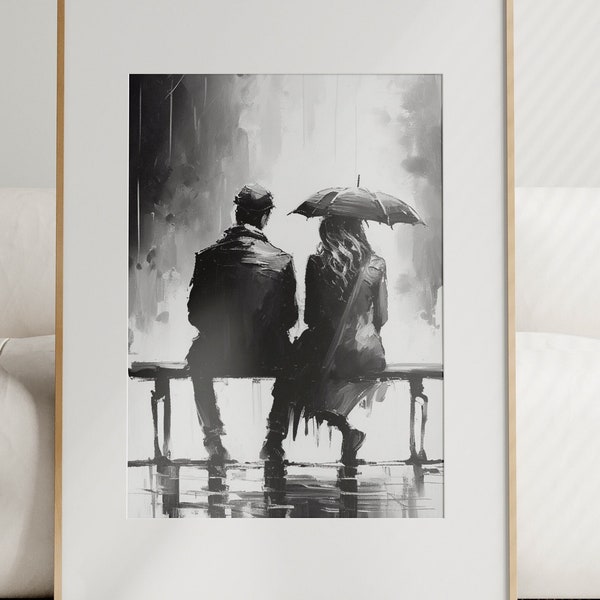 Romantic Wall Art Digital Couple Under Umbrella Black and White Decor Perfect Gift for Partner Rainy Day Love