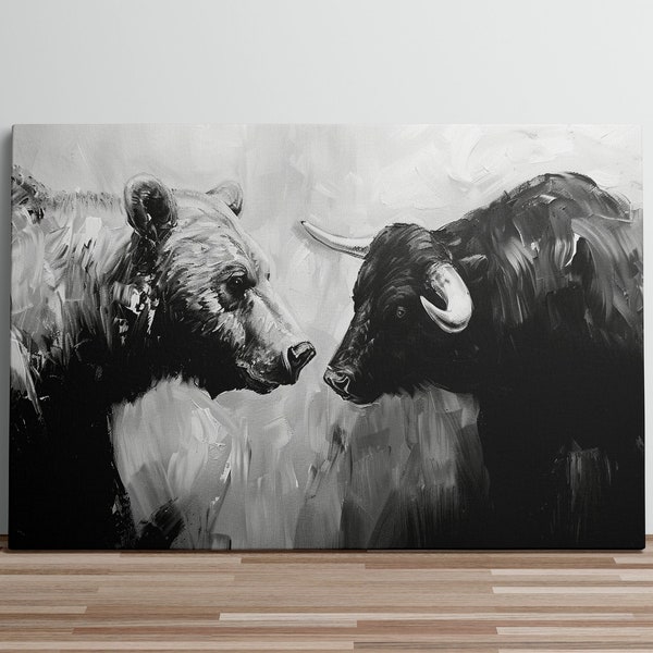 Bull vs Bear Oil Canvas Painting Stock Market Art Trading Office Decor Day Trader Wall Art