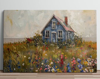 Peinture à l'huile paisible, impression d'art d'une maison au sommet d'une colline entourée de fleurs, art paysager serein