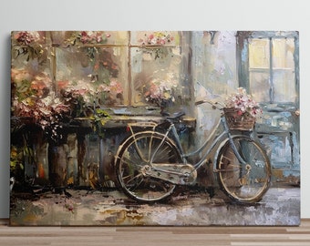 Charming Floral Bike Art Print Oil Painting Rustic Shop Door with Flower Decor Artistic Home Wall Decor