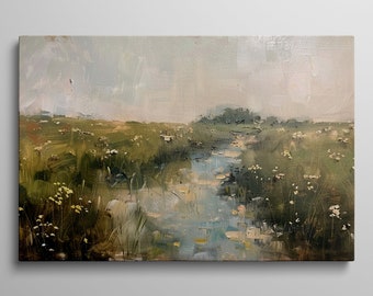 Summer Meadow and River Landscape Serene Nature Canvas Print for Home Decor Wall Art Print