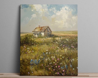Prairie House and Flower Field Wall Decor Serene Sky and Birds Canvas Print Cottage on a Field Cabin Wall Art Print