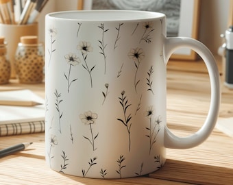 White Flower Pattern Mug Elegant Floral Pattern Mug Flower Design Cup Microwave Safe