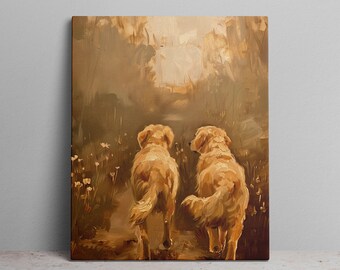 Golden Retrievers Nature Trail Canvas Art Print Oil Painting Yellow Filter Scenic Walk Art Dog Lovers Canvas Wall Decor