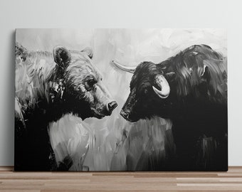 Bull vs Bear Art Print Oil Painting Stock Market Art Trading Office Decor Day Trader Wall Art