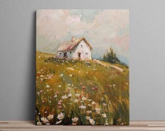 Prairie House and Flower Field Wall Art Cottage on a Hill With Flowers House in a Field of Flowers Art Print