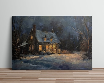 Secluded Forest Cabin Canvas Art Print Oil Painting Serene Woodland Retreat Canvas Art Snowy Forest At Night