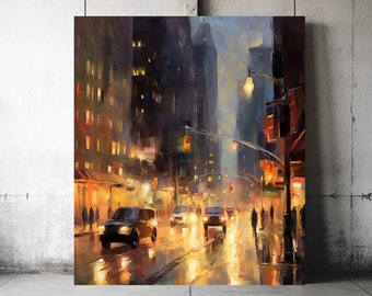New York City Night Art Print Oil Painting Contemporary Street Scene with People Cars and Lights