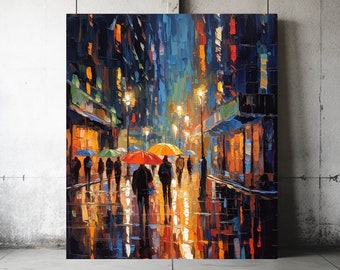 Rainy City Night Digital Art Print Oil Painting Street Scene with Umbrellas Night Lights People Walking