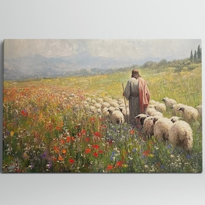 Canvas Wall Art Jesus Leading Sheep Oil Painting Print Religious Home Decor Christian Gift Biblical Artwork Inspirational Wall Decor