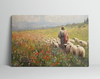 Canvas Wall Art Jesus Leading Sheep Oil Painting Print Religious Home Decor Christian Gift Biblical Artwork Inspirational Wall Decor