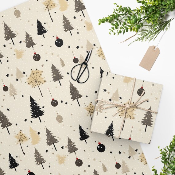 Christmas Gift Wrapping Neutral Pine Tree Color Holiday Gift Wrap Festive Paper