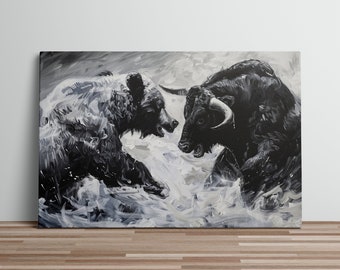 Bull vs Bear Market Canvas Art Print Oil Painting Minimalist Trading Art Trading Symbols Wall Decor Financial Wall Canvas Art