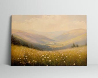 Vue sur la vallée de la montagne avec des fleurs sauvages, impression sur toile, tons naturels, art mural, décoration d'intérieur, cadeau pour amoureux de la nature, peinture de paysage