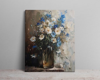Blue Toned Flower Bouquet Art Print Oil Painting Muted Colors Canvas Wall Art Decorative Flowers Exotic Flowers Wall Art