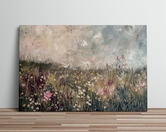Floral Meadow Cloudy Day Art Print Oil Painting Dense Flower and Grass Canvas Art