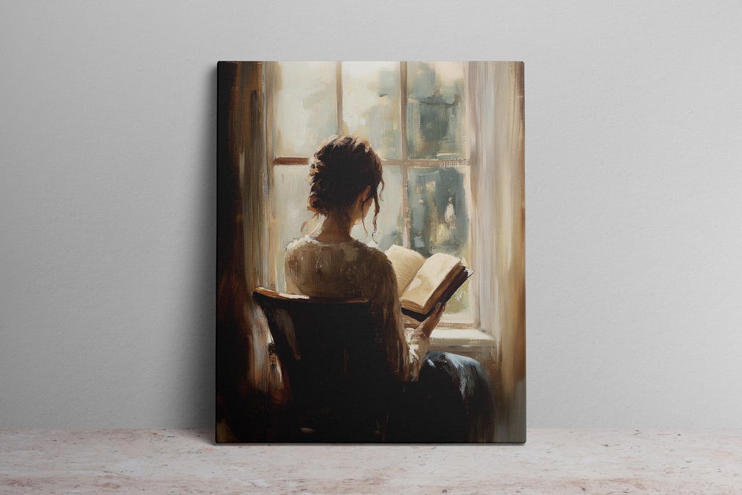 Vintage Canvas Art Print of a Woman Reading Near Window Sill in Soft ...