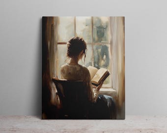Toile vintage, impression d'une femme lisant près du rebord de la fenêtre dans des tons sépia doux, style peinture à l'huile, impression d'art, décoration murale, art pour la maison
