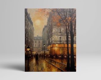 Charming European City Night Canvas Art Print Oil Painting Street View with Lit Shops and Walking People