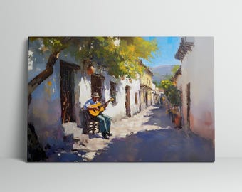 Homme jouant de la guitare sur une chaise, impression d'art mural petite ville, décoration d'intérieur, cadeau pour mélomane, rustique
