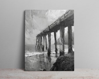 Tall Pier Over Water Canvas Art Print Oil Painting Black and White Coastal Canvas Wall Art Minimalist Pier Canvas Wall Decor
