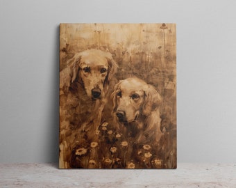Vintage Golden Retrievers Canvas Art Print Oil Painting Floral Surrounded Dog Portrait Yellow Tone Canvas Wall Art