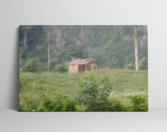 Petite cabane en plein champ avec arbres et palmiers environnants, impression sur toile, art mural, décoration naturelle, paysage, image, bureau à domicile