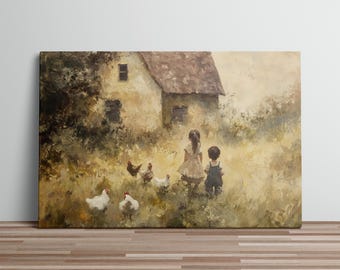 Farmhouse Wall Decor Vintage Art Print Oil Painting of Kids Walking to Farm Matte Stretched Gallery Wrap Country Home Art Children