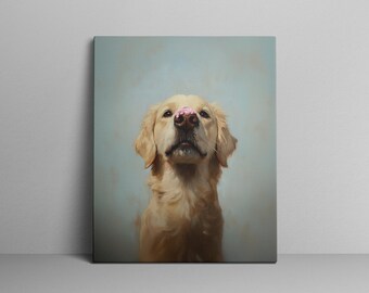 May include: A golden retriever dog with a pink nose looking up at the camera against a light blue background.