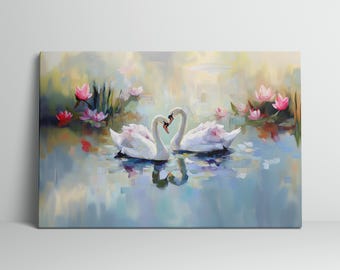 Canvas Art Print Romantic Swan Couple Wall Decor Wildlife Nature Scene Home Office Bedroom Decoration Animal Lover Gift Matte Canvas