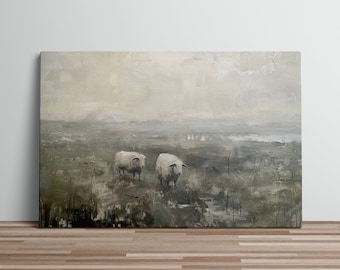 Rustic Art Print Oil Painting Two Sheep in Open Field with Lake Muted Colors Vintage Wall Art