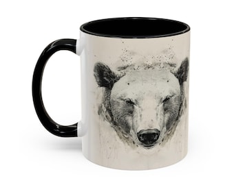 Gray Scale Bull vs Bear Market Faces Accent Coffee Mug Half Bear Half Bull for Traders and Investors Finance Mug