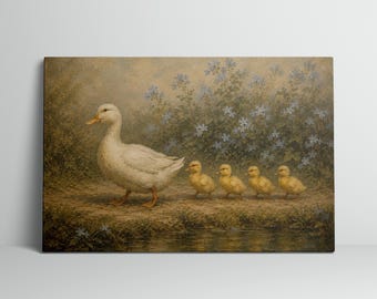 Mother Duck and Ducklings Art Print Blue Floral Nursery Wall Art Vintage Farmhouse Decor Whimsical Cottage Animal Print