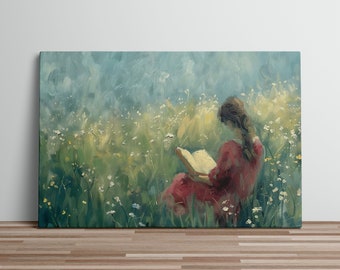 Girl in Red Dress Reading in Flowery Meadow Canvas Art Print Oil Painting of Tranquil Summer Scene Girl Reading in The Grass