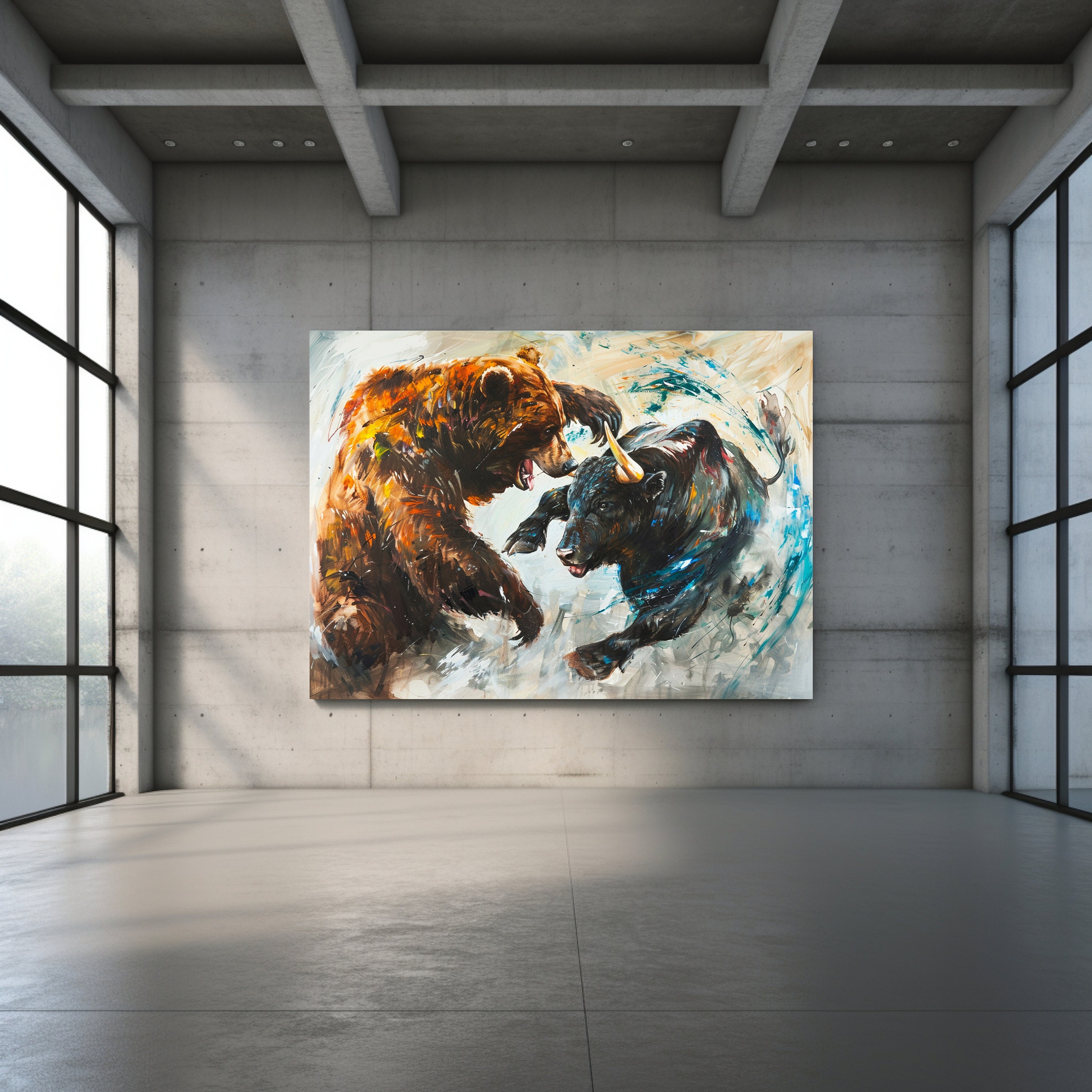 Abstract Bulls Vs Bears Market Fight Canvas Art Print for Traders and ...