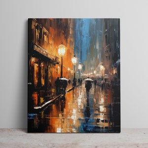Vibrant Rainy Night Cityscape Digital Art Print Oil Painting Urban Street Scene with Umbrellas and Lights