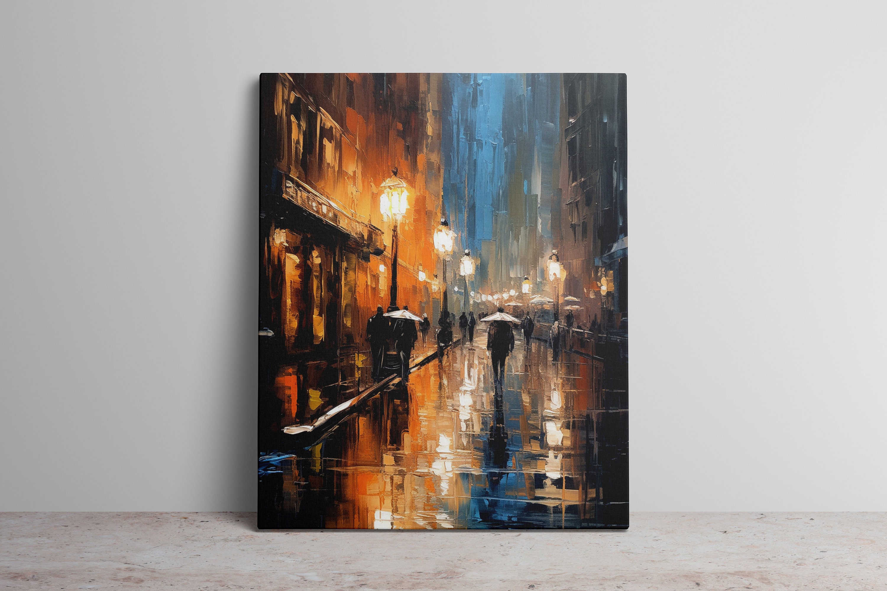Vibrant Rainy Night Cityscape Digital Art Print Oil Painting Urban Street Scene with Umbrellas and Lights