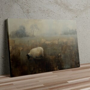 Rustic Art Print Oil Painting Sheep Grazing in Field With Trees Muted ...