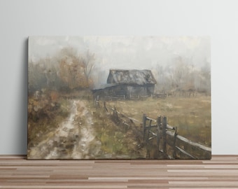 Rustic Art Print Oil Canvas Painting Farmhouse Road Fence Trees Countryside Scene Farmlands Painting Country Living