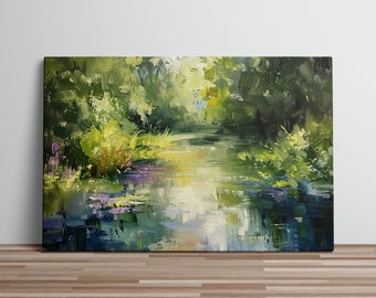Serene Meadow River Canvas Art Print Oil Painting Lush Forest Channel Canvas Wall Art Swamp Art