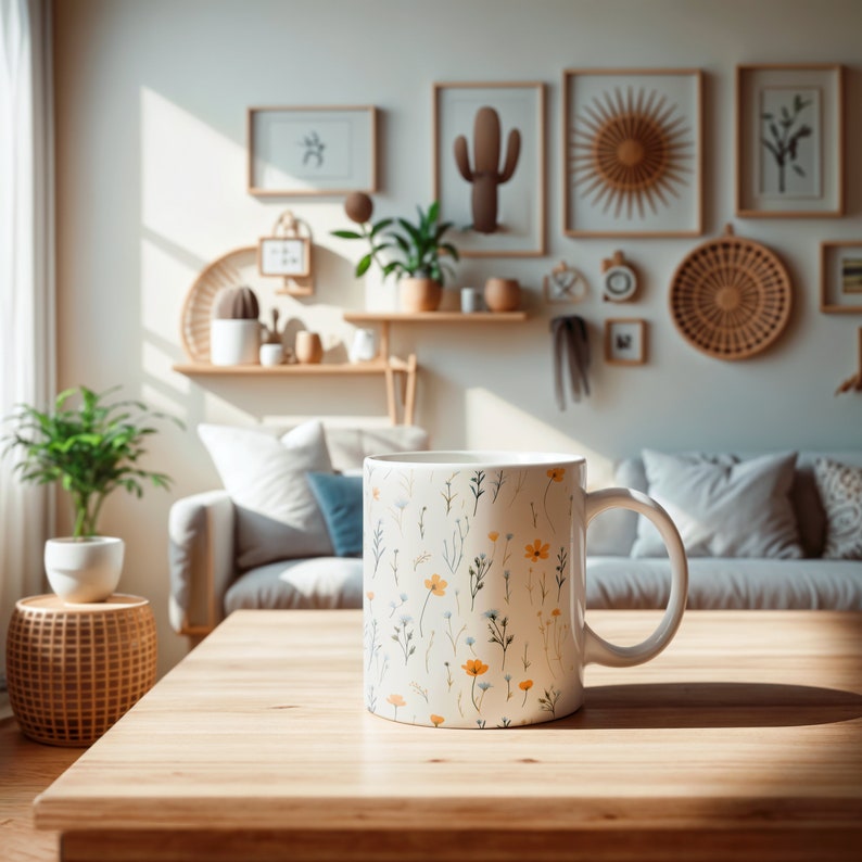 A mug with a dainty floral design with blue, yellow, and white flowers. The main color of the mug is white on the inside and outside.