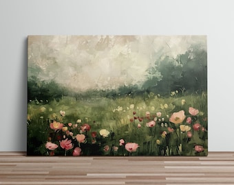 Flower Field Canvas Art Print Oil Painting Colorful Floral Landscape Canvas Art Vibrant Flowers in a Field