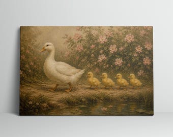 Mother Duck and Ducklings Art Print Pink Floral Nursery Wall Art Vintage Farmhouse Decor Whimsical Cottage Animal Print