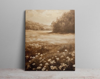 Vintage Yellow Fields and Forests Canvas Art Print Oil Painting Muted Golden Landscape Antique Style Nature Canvas Wall Art