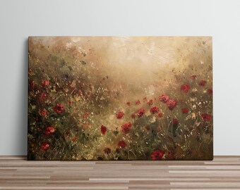 Rose Pathway Field Art Print Oil Canvas Painting Floral Walkway Canvas Art with Lush Roses