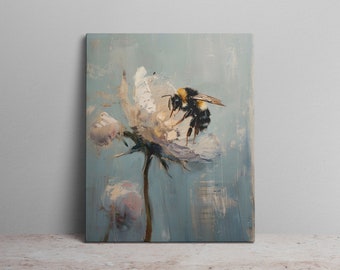 Bee Sipping from Flower Art Print Oil Painting Soft Colors Blue Tones Canvas Wall Art Nature Art