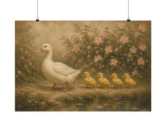 Mother Duck and Ducklings Matte Paper Art Print Pink Floral Nursery Wall Art Vintage Farmhouse Decor Whimsical Cottage Animal Print