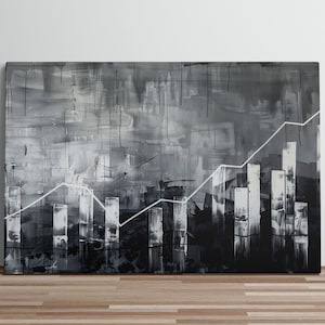 May include: Abstract painting with a black and white colour scheme. The painting features a white line graph rising upward against a background of black and grey brushstrokes.