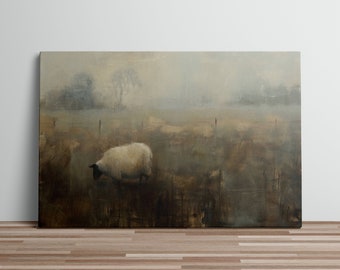 Rustic Art Print Oil Painting Sheep Grazing in Field with Trees Muted Colors Vintage Wall Art